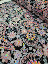 Load image into Gallery viewer, Fabric Sold By The Yard Black Lace Embroidery Pink Iridescent Floral Flowers Sequin Stretch Velvet Fashion New Fabric Dress Draping Clothing
