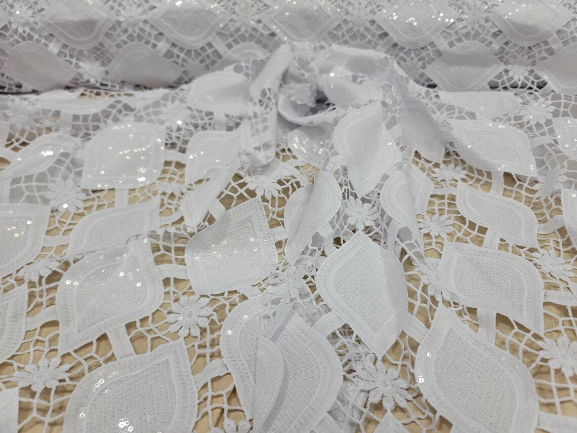 Fabric Sold By The Yard White Bridal Lace Embroidery Guipure Lace Geom –  Diva Style Textiles