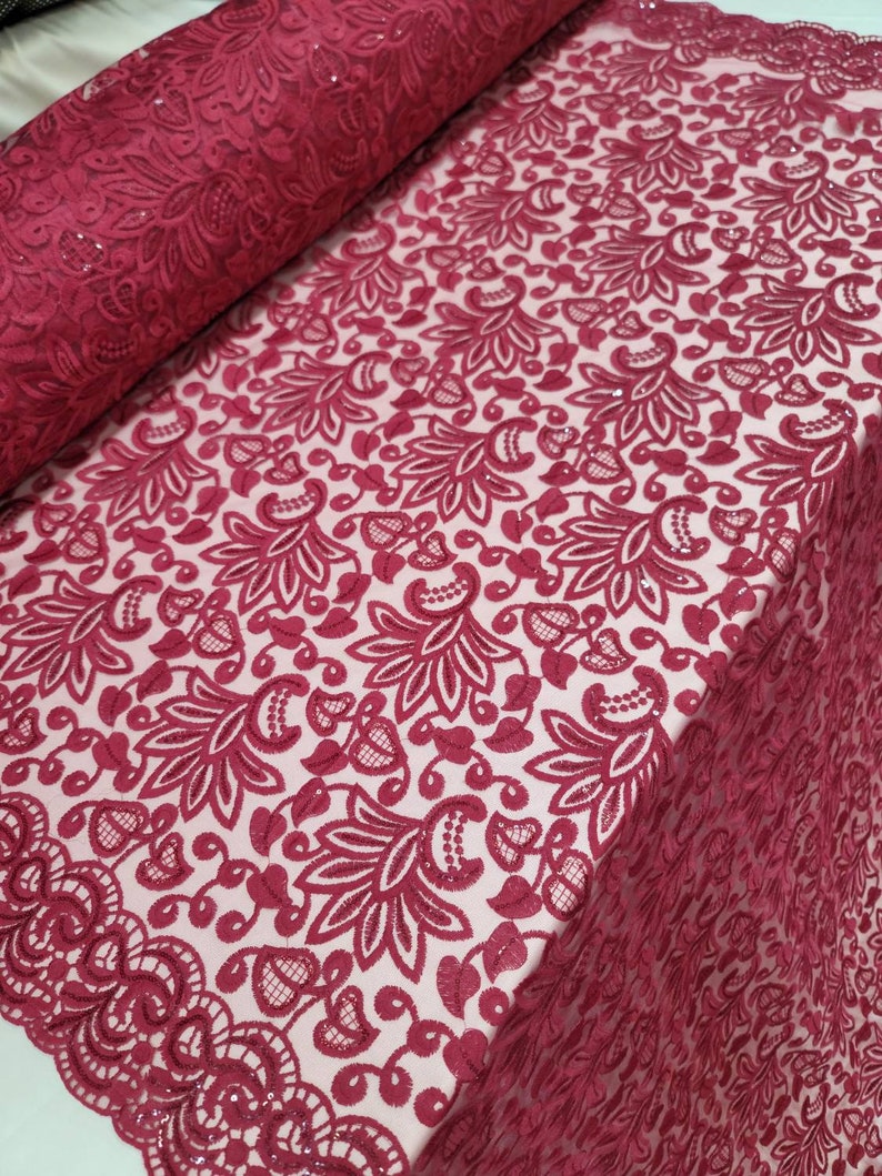 Fabric Sold By The Yard Burgundy Lace Embroidery Floral Flowers Clear Sequin On Mesh Double Scalloped Dress Clothing Fashion Lace Prom