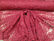 Load image into Gallery viewer, Fabric Sold By The Yard Burgundy Lace Embroidery Floral Flowers Clear Sequin On Mesh Double Scalloped Dress Clothing Fashion Lace Prom
