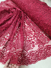 Load image into Gallery viewer, Fabric Sold By The Yard Burgundy Lace Embroidery Floral Flowers Clear Sequin On Mesh Double Scalloped Dress Clothing Fashion Lace Prom
