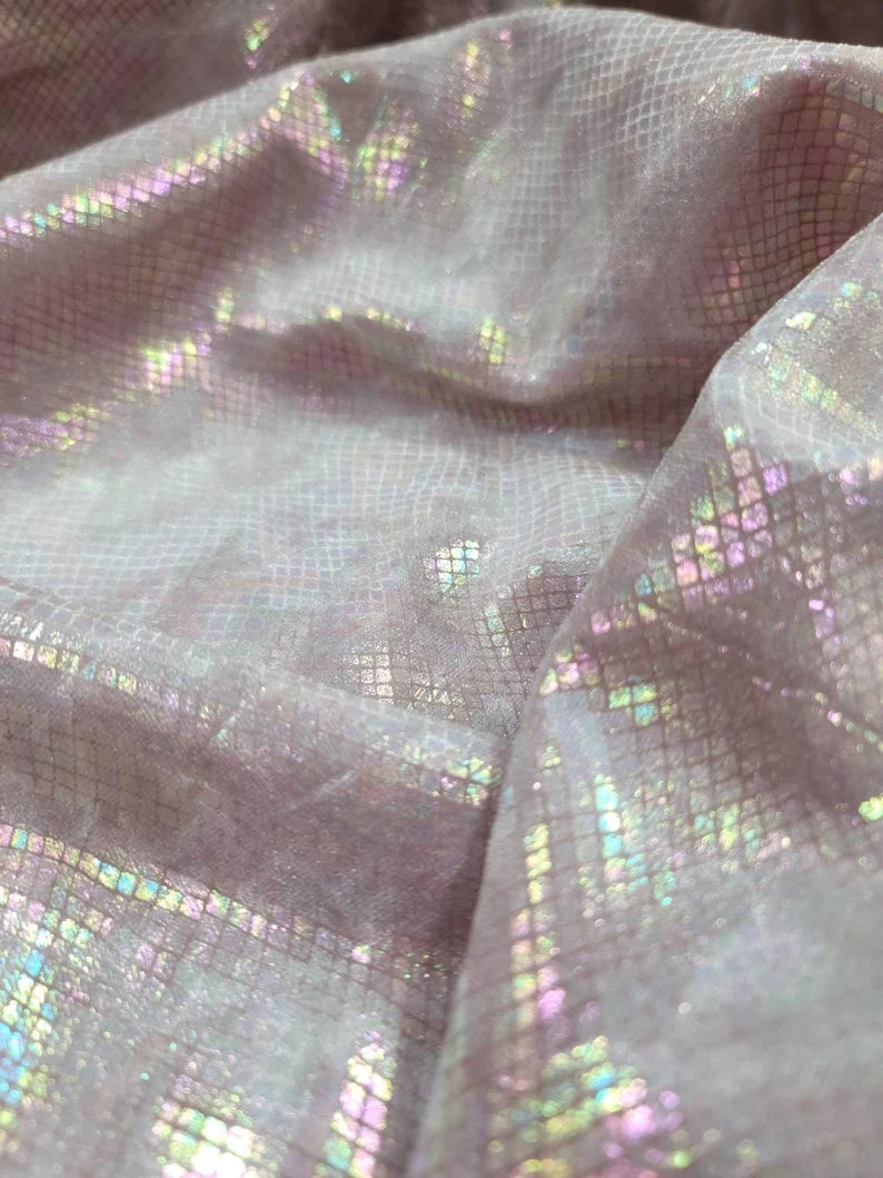 Fabric Sold by The Yard Baby Pink Iridescent Geometric Pattern Square Fashion Fabric Hologram Clothing Crafts