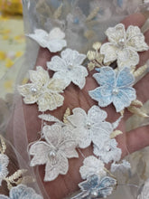 Load image into Gallery viewer, White Hand Beaded 3d Sky Blue Floral Flowers Champagne Embroidered Scalloped Pearls Prom Fabric Sold by the Yard Telas Para Costura
