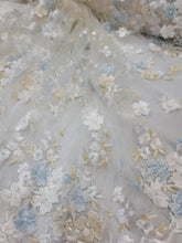 Load image into Gallery viewer, White Hand Beaded 3d Sky Blue Floral Flowers Champagne Embroidered Scalloped Pearls Prom Fabric Sold by the Yard Telas Para Costura
