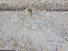 Load image into Gallery viewer, White Hand Beaded 3d Sky Blue Floral Flowers Champagne Embroidered Scalloped Pearls Prom Fabric Sold by the Yard Telas Para Costura
