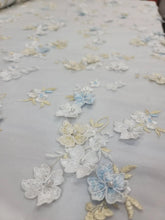 Load image into Gallery viewer, White Hand Beaded 3d Sky Blue Floral Flowers Champagne Embroidered Scalloped Pearls Prom Fabric Sold by the Yard Telas Para Costura
