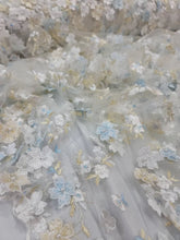 Load image into Gallery viewer, White Hand Beaded 3d Sky Blue Floral Flowers Champagne Embroidered Scalloped Pearls Prom Fabric Sold by the Yard Telas Para Costura
