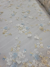 Load image into Gallery viewer, White Hand Beaded 3d Sky Blue Floral Flowers Champagne Embroidered Scalloped Pearls Prom Fabric Sold by the Yard Telas Para Costura
