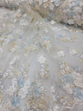 Load image into Gallery viewer, White Hand Beaded 3d Sky Blue Floral Flowers Champagne Embroidered Scalloped Pearls Prom Fabric Sold by the Yard Telas Para Costura
