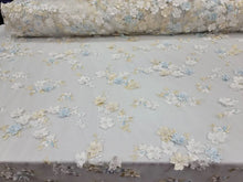 Load image into Gallery viewer, White Hand Beaded 3d Sky Blue Floral Flowers Champagne Embroidered Scalloped Pearls Prom Fabric Sold by the Yard Telas Para Costura
