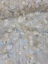 Load image into Gallery viewer, White Hand Beaded 3d Sky Blue Floral Flowers Champagne Embroidered Scalloped Pearls Prom Fabric Sold by the Yard Telas Para Costura
