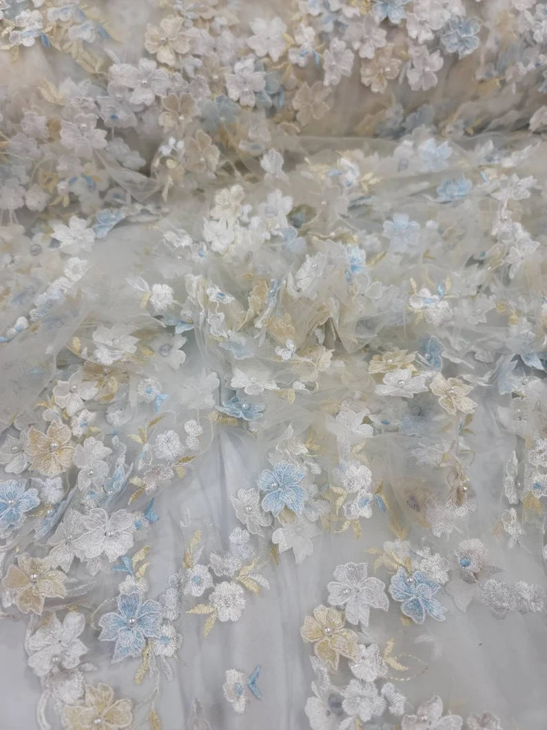 White Hand Beaded 3d Sky Blue Floral Flowers Champagne Embroidered Scalloped Pearls Prom Fabric Sold by the Yard Telas Para Costura