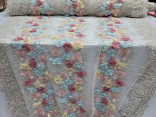 Load image into Gallery viewer, Fabric Sold By The Yard Multicolor Lace 3d Floral Flowers Embroidery Beaded Double Scalloped
