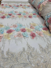 Load image into Gallery viewer, Fabric Sold By The Yard Multicolor Lace 3d Floral Flowers Embroidery Beaded Double Scalloped
