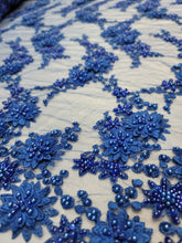 Load image into Gallery viewer, Royal Blue Beaded Lace 3d Floral Flowers Pearls On Mesh Prom Fabric Sold by the Yard Gown Quinceañera Bridal Evening Dress Prom
