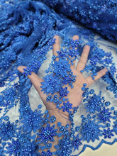 Load image into Gallery viewer, Royal Blue Beaded Lace 3d Floral Flowers Pearls On Mesh Prom Fabric Sold by the Yard Gown Quinceañera Bridal Evening Dress Prom
