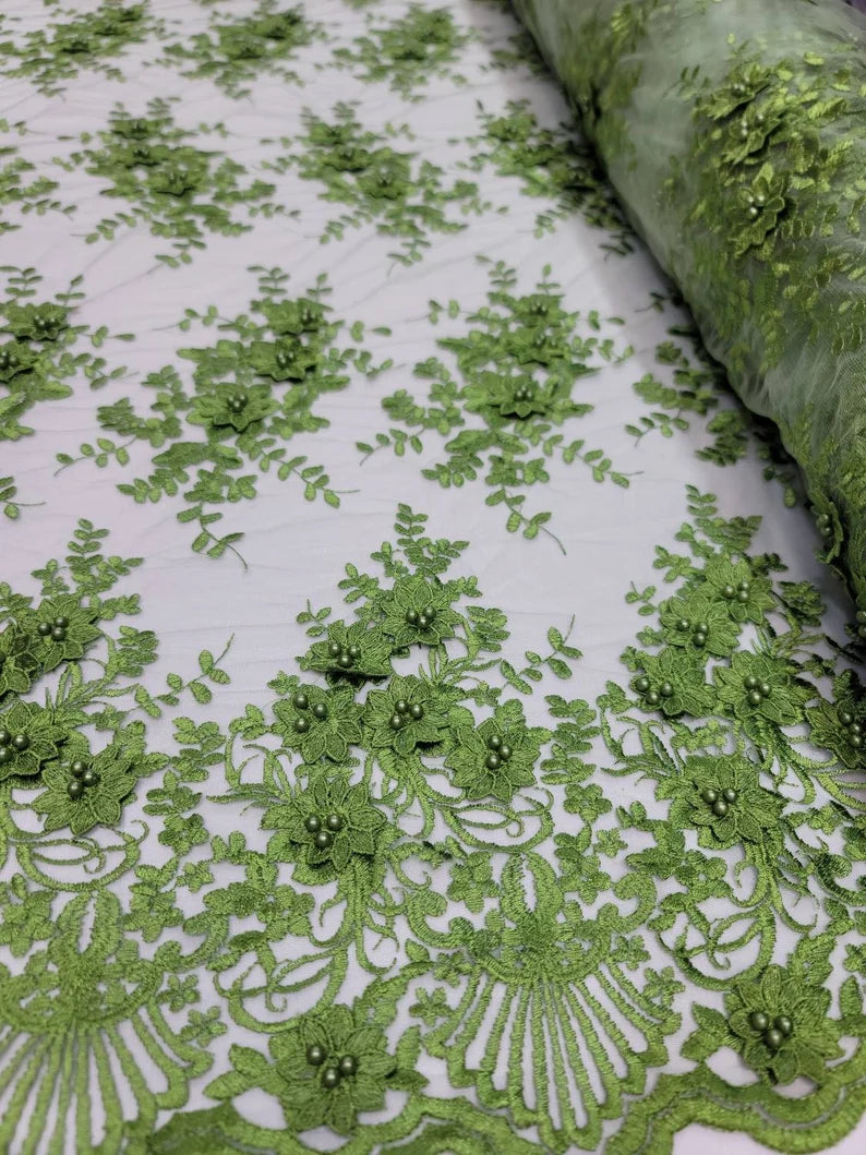 Fabric By The Yard Olive Green Beaded Lace 3d Embroidery Floral