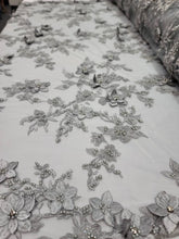 Load image into Gallery viewer, Silver Beaded Lace 3d Embroidered Floral Flowers on Mesh Double Scalloped Prom Fabric Sold by the Yard Bridal Dress Rhinestones On Mesh
