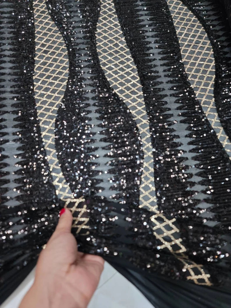 Fabric Sold By The Yard Black Gold Sequin Lace Embroidered On Four Way Stretch Mesh Fashion Dress Prom Bridal