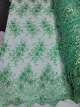 Load image into Gallery viewer, Fabric Sold By The Yard Mint Lace 3d Floral Flowers Embroidery On Mesh Prom Fabric Bridal Evening Quinceañera Lace
