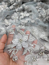 Load image into Gallery viewer, Silver Beaded Lace 3d Embroidered Floral Flowers on Mesh Double Scalloped Prom Fabric Sold by the Yard Bridal Dress Rhinestones On Mesh
