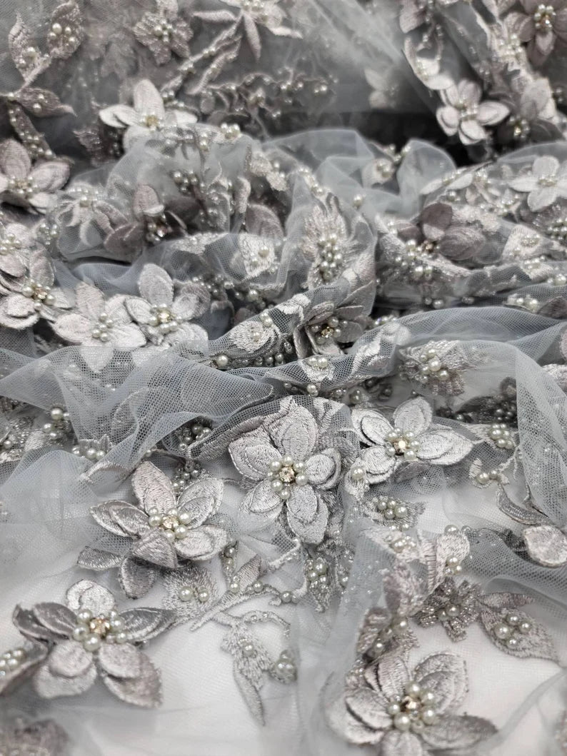 Silver Beaded Lace 3d Embroidered Floral Flowers on Mesh Double Scalloped Prom Fabric Sold by the Yard Bridal Dress Rhinestones On Mesh