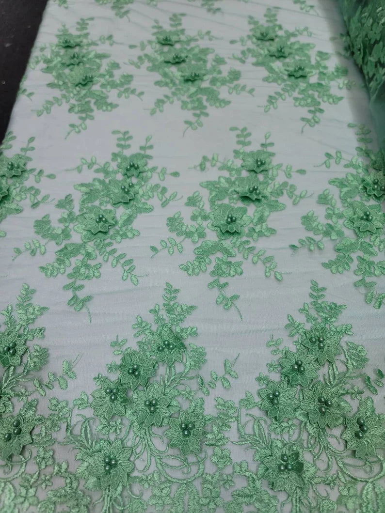 Fabric Sold By The Yard Mint Lace 3d Floral Flowers Embroidery On Mesh Prom Fabric Bridal Evening Quinceañera Lace