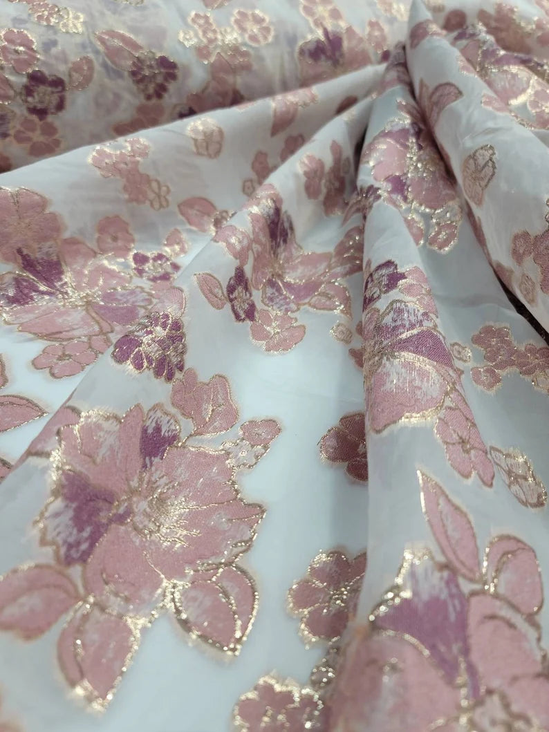 Fabric Sold by The Yard Brocade Dusty Rose Pink Mauve Floral Flowers On White Organza Bridal Evening Prom Gown Telas Para Costura