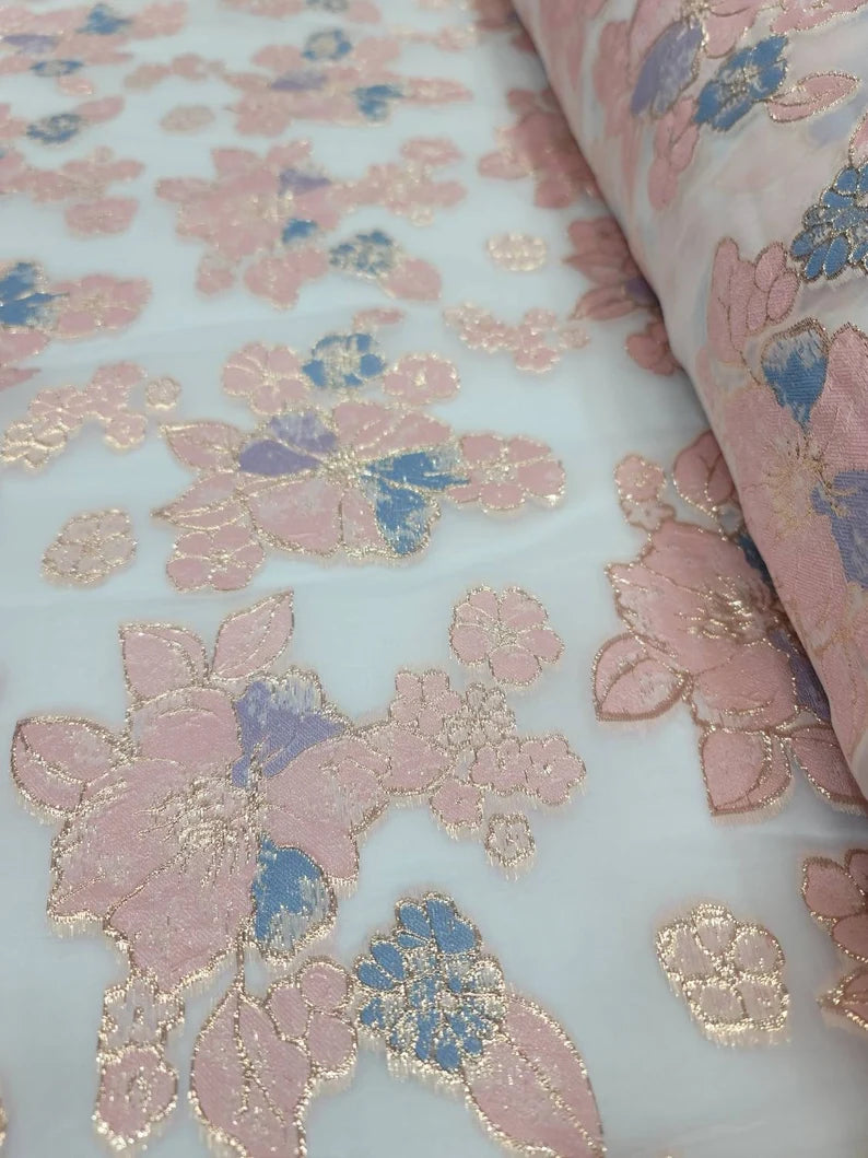 Fabric Sold By The Yard Blush Pink Blue Lavender Floral Flowers Metallic Brocade On White Organza Quinceañera Gown Prom Fashion Dress