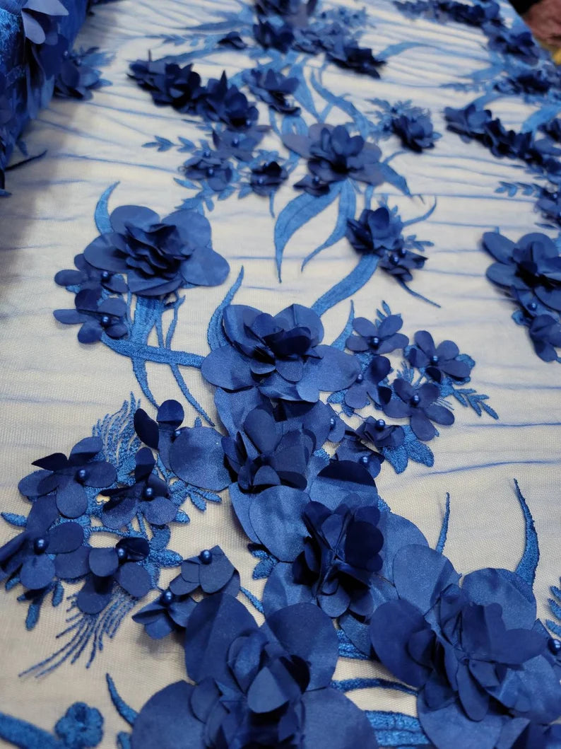 Fabric Sold by The Yard Royal Blue Lace Embroidery 3d Floral Flower Pearls Prom Evening Bridal Dress Quinceañera Gown Fashion