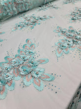 Load image into Gallery viewer, Fabric By The Yard Mint Beaded Lace 3d Floral Rhinestones Embroidery On Mesh Prom Gown Bridal Evening Dress Quinceañera Gown Sweet Sixteen
