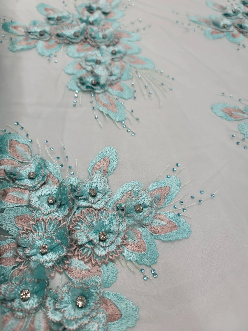 Fabric By The Yard Mint Beaded Lace 3d Floral Rhinestones Embroidery On Mesh Prom Gown Bridal Evening Dress Quinceañera Gown Sweet Sixteen