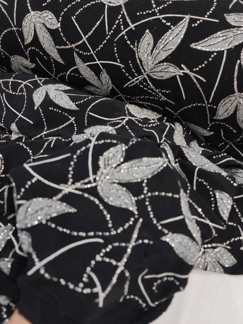 Fabric Sold by The Yard Black Spandex Glued Silver Glitter Leaves Prom Evening Dress Dancer Custom Decoration Draping Fashion Sparkly
