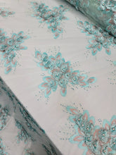 Load image into Gallery viewer, Fabric By The Yard Mint Beaded Lace 3d Floral Rhinestones Embroidery On Mesh Prom Gown Bridal Evening Dress Quinceañera Gown Sweet Sixteen
