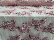 Load image into Gallery viewer, Beaded Lace 3d Dusty Rose Floral Flowers Embroidered Rinesthone Prom Fabric Sold by the Yard Gown Prom Dress Quinceañera
