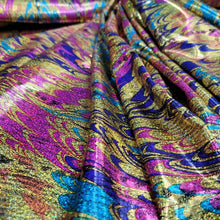 Load image into Gallery viewer, Fabric Sold By The Yard Multicolor Rainbow Geometric Fashion Foil Spandex Light Weight Gold Iridescent Background Metallic Pink Purple Blue
