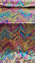 Load image into Gallery viewer, Fabric Sold By The Yard Multicolor Rainbow Geometric Fashion Foil Spandex Light Weight Gold Iridescent Background Metallic Pink Purple Blue
