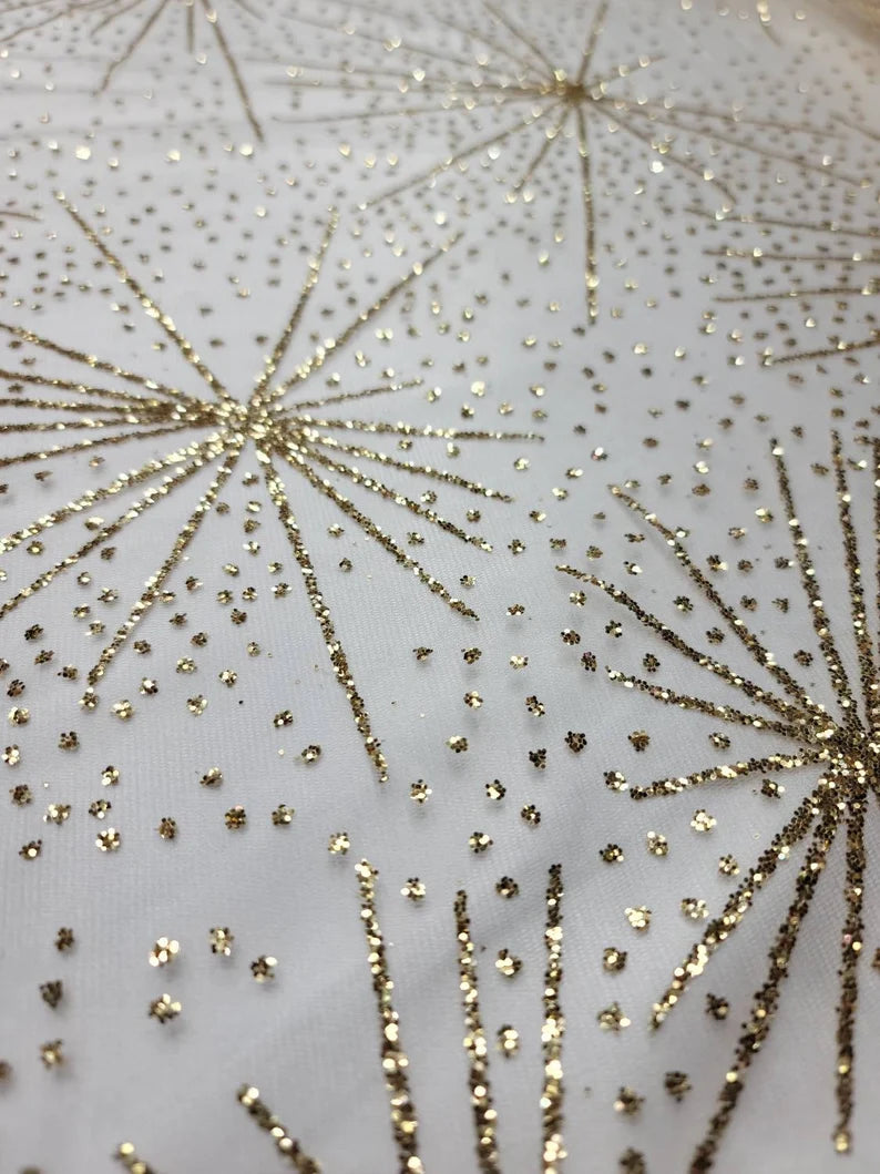 Fabric Sold By The Yard Gold Stars Glitter On Stretch Mesh Prom Dress Bridal Evening Dress