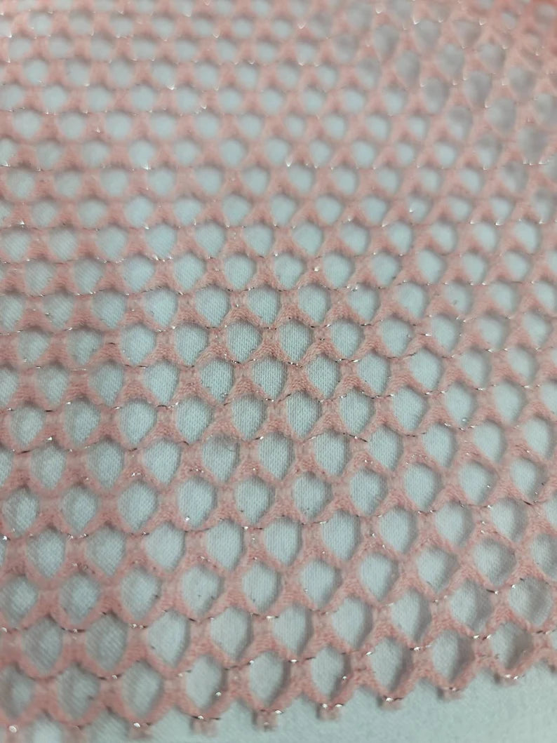 Pink Blush Stretch Fish Net Fabric Shine Metallic Silver Mylar Sold by –  Diva Style Textiles