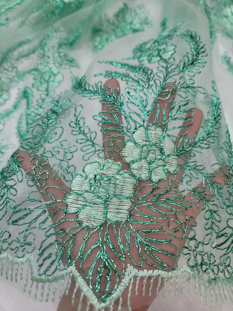 Fabric sold by the yard Mint Embroidery Lace Floral Flowers on Mesh Prom Evening Dress Bridal Sweet 16 Gown Rhinestones Fashion Lace