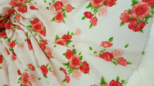 Load image into Gallery viewer, Rayon challis floral flowers roses red pink green Fabric by the yard soft organic kids dress draping clothing decoration flowy ligth weight
