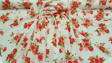 Load image into Gallery viewer, Rayon challis floral flowers roses red pink green Fabric by the yard soft organic kids dress draping clothing decoration flowy ligth weight
