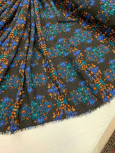 Load image into Gallery viewer, Rayon challis large paisley Boho pattern orange blue and green on black background Fabric by the yard soft flowy organic kids dress draping
