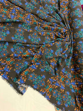 Load image into Gallery viewer, Rayon challis large paisley Boho pattern orange blue and green on black background Fabric by the yard soft flowy organic kids dress draping
