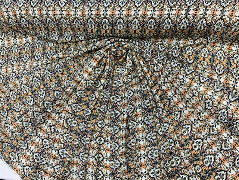 Rayon with White Background &orange and blue paisleys Print Fabric by the yard India inspired soft flowy organic kids dress draping clothing