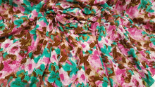 Load image into Gallery viewer, Rayon with Green Fuchsia aqua Brown flowers Floral Print Fabric by the yard soft flowy organic kids dress draping clothing decoration
