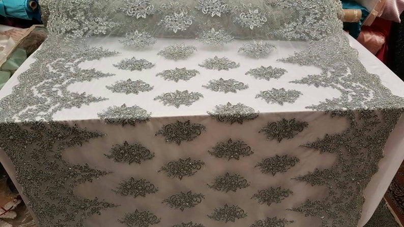 Gray Hand Beaded Lace Floral Flowers Embroidered Floral Flowers Double Scalloped Prom Fabric Sold by the Yard Gown Quinceañera Bridal Dress