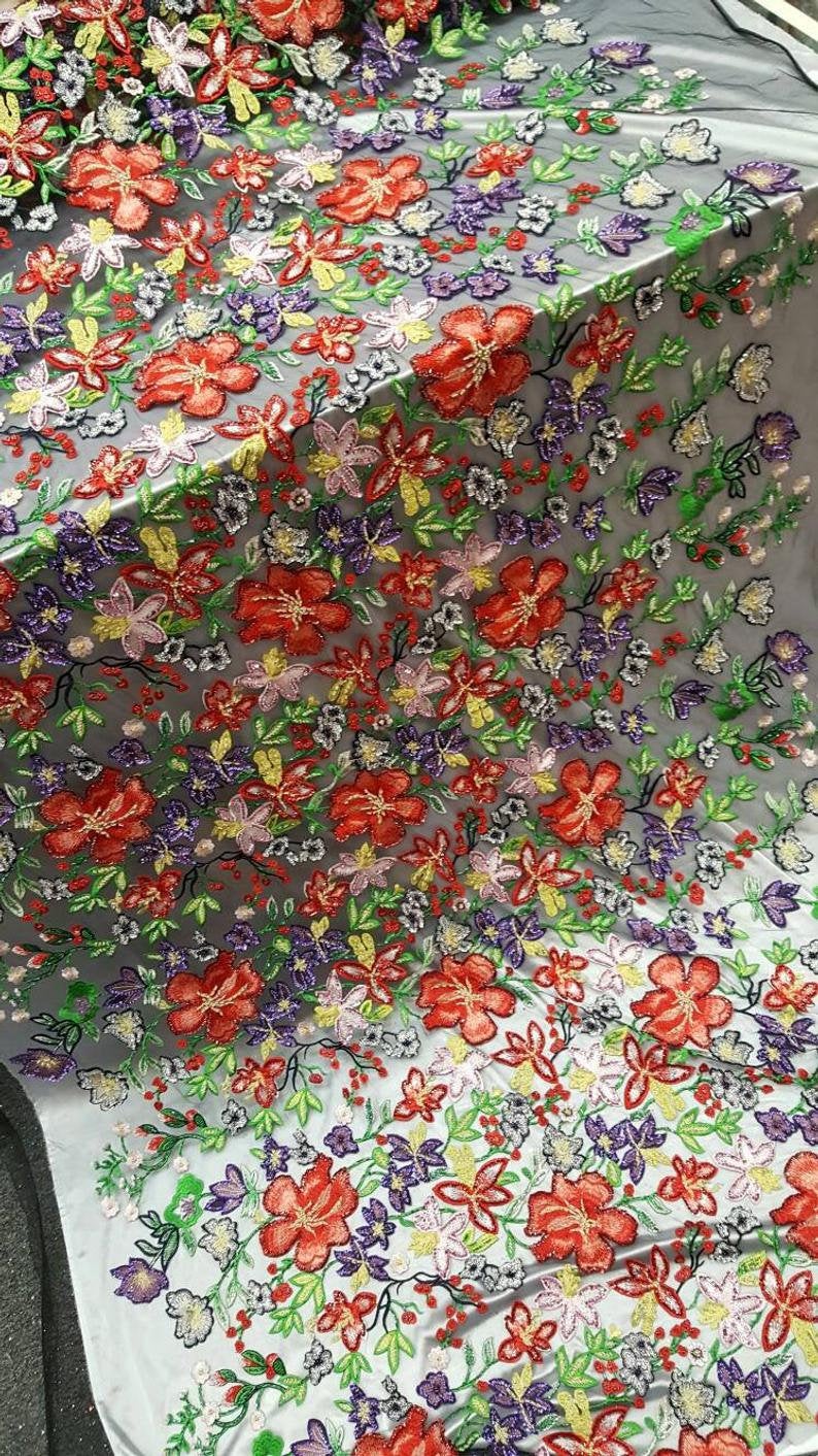 Red Purple and Green Beaded Lace Floral Flowers Red Purple Multicolor Embroidered Sequin Black Mesh Prom Fabric by the Yard