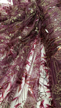 Load image into Gallery viewer, Plum Sequin Lace Gold Floral Flowers Embroidered on Mesh Plum Fabric Sold by the Yard
