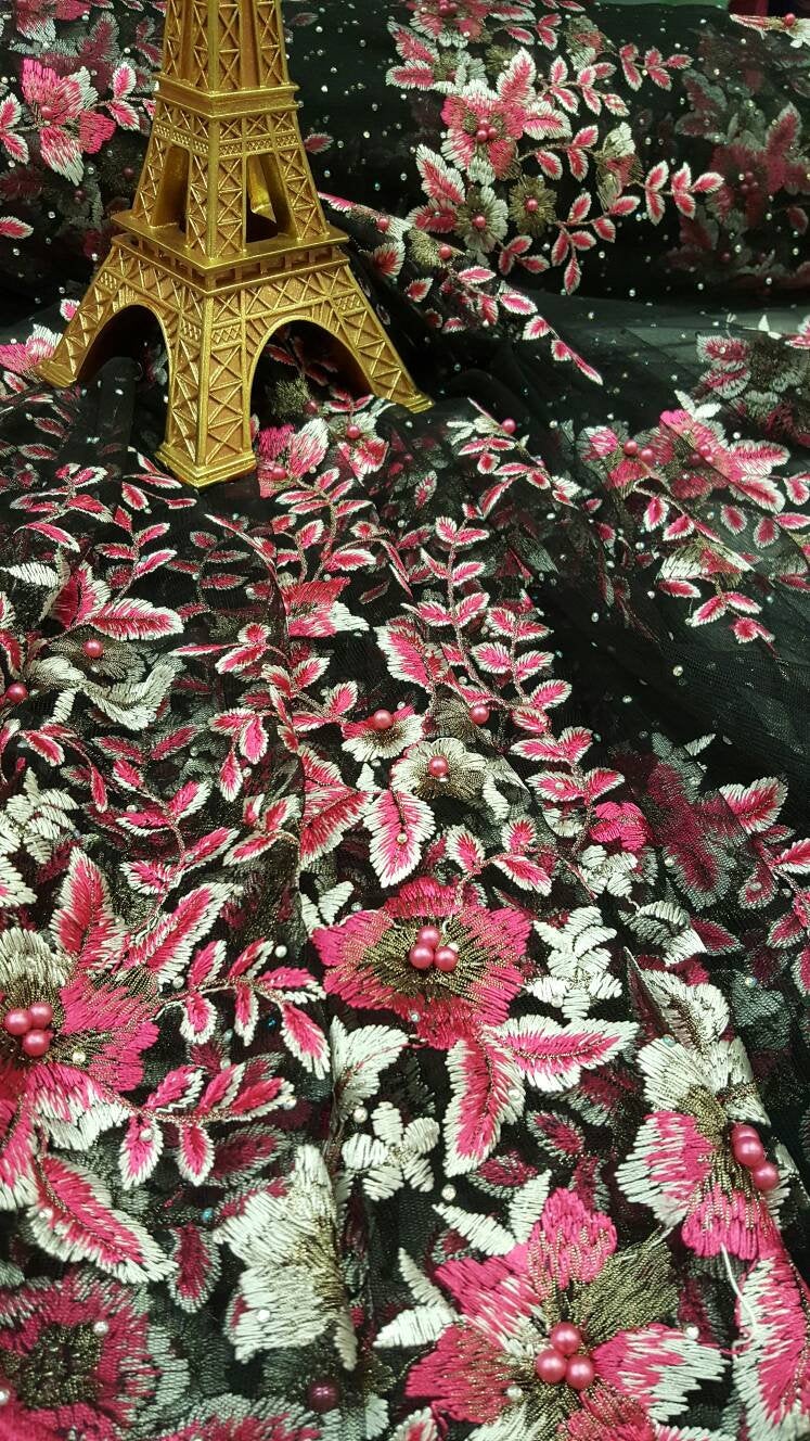 Fabric sold by Yard Black Lace Pink Embroidery Floral Flowers Pearls and Rhinestones on Mesh Fashion Fabric Gown Quinceañera Prom Dress